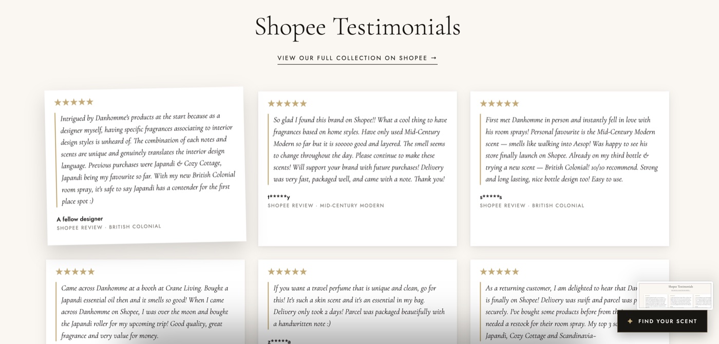 The custom-coded testimonials section on the Danhomme site