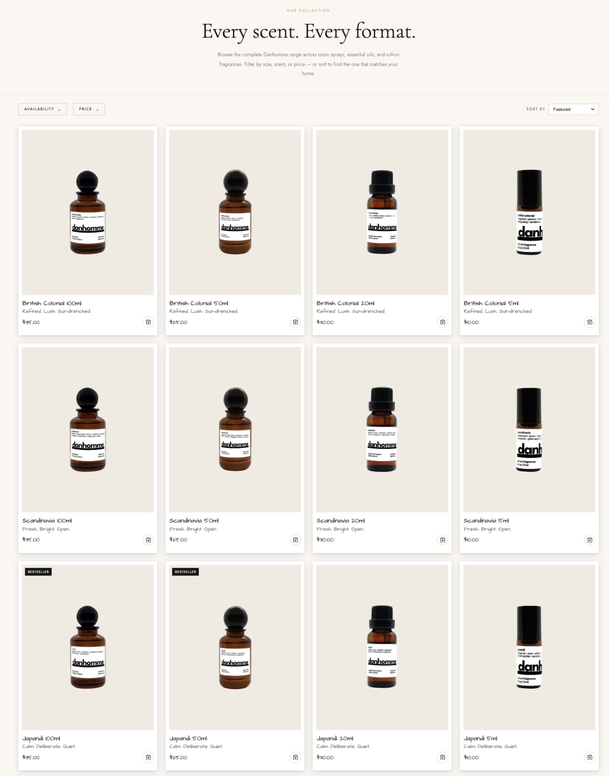 The Danhomme shop page: every scent in every format, in booth order