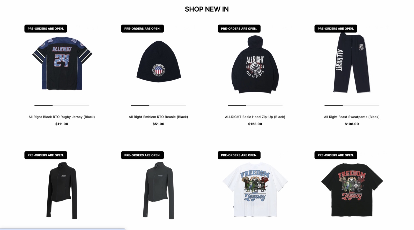 The redesigned storefront's Shop New In grid, every product carrying a pre-orders-are-open tag