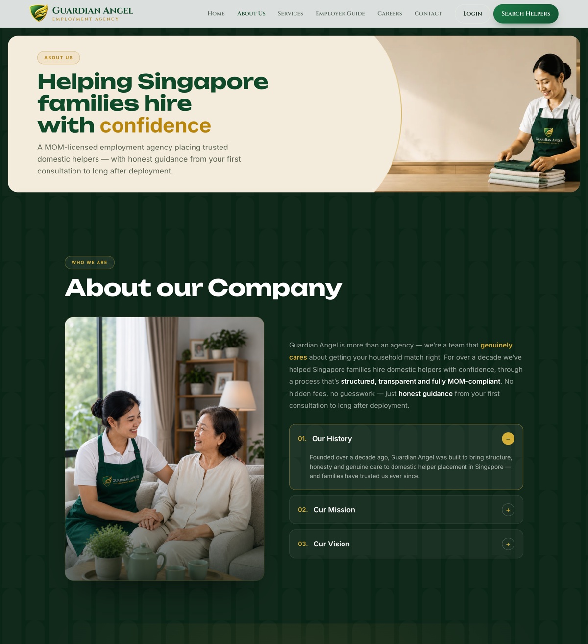 Guardian Angel About page: hero and company story with expandable sections